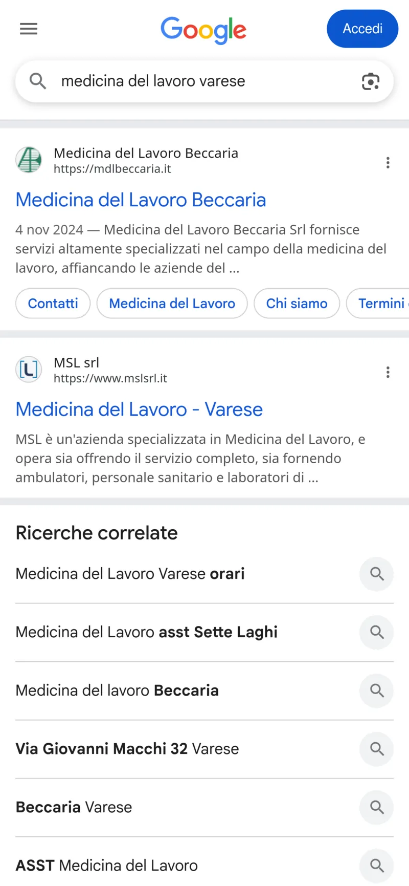 Screenshot query medicina del lavoro varese