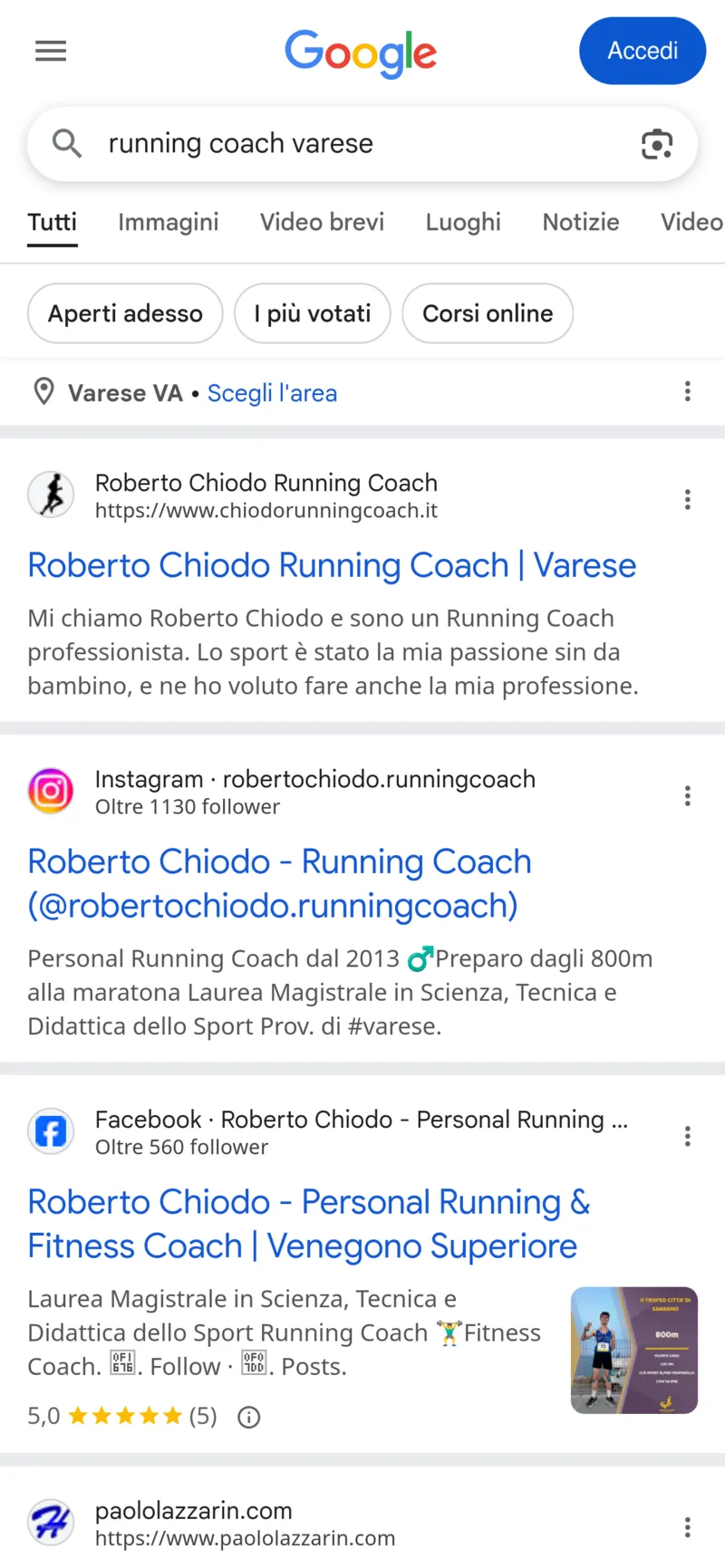Screenshot query running coach varese